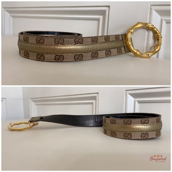 Auth Gucci Monogram Canvas Gold Metallic Leather Bamboo Metal Buckle Belt 88/34 - Picture 10 of 13
